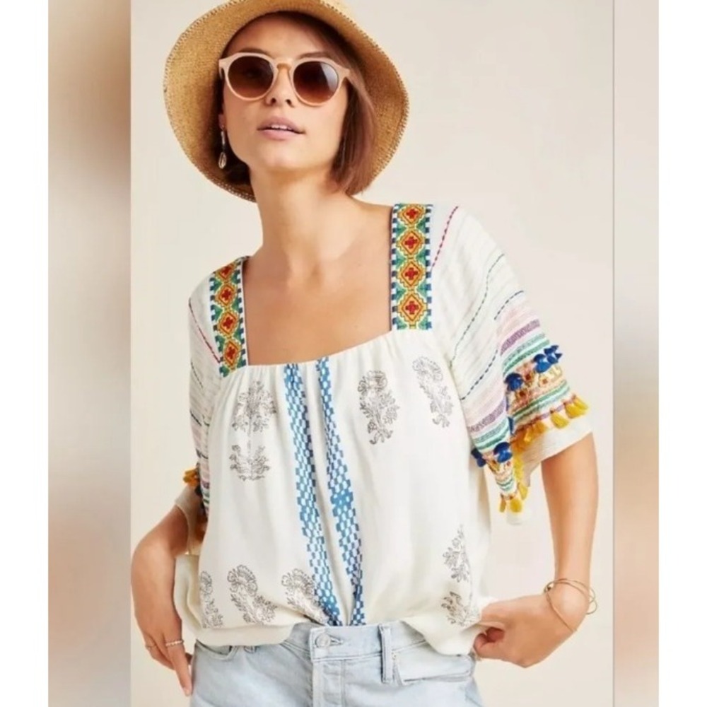 Anthropologie Vineet Bahl Kiera Embroidered Peasant Blouse Small Boho Resortwear
